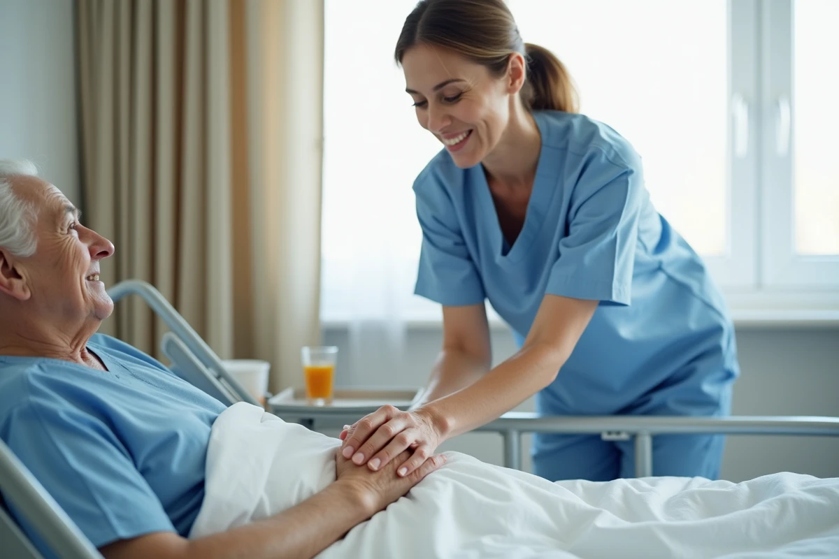Soignante tenant la main d'une personne âgée en fin de vie dans un établissement médical, accompagnement bienveillant
