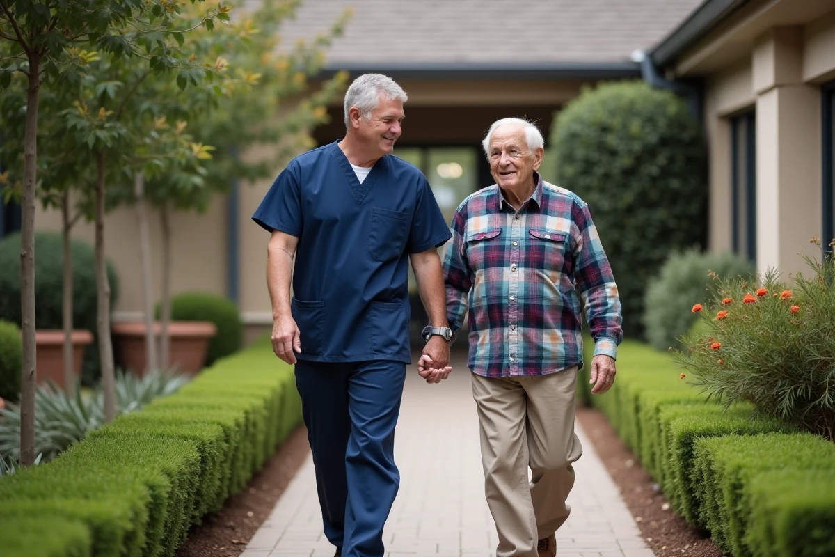 Aide-soignant accompagnant un patient dément lors d'une promenade dans le jardin thérapeutique d'un établissement spécialisé