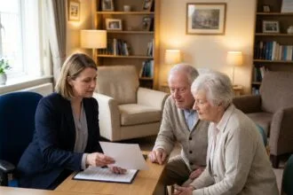 Conseillère funéraire accompagnant un couple de seniors dans la préparation de leurs obsèques dans un bureau professionnel