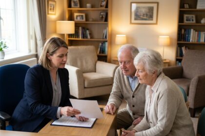 Conseillère funéraire accompagnant un couple de seniors dans la préparation de leurs obsèques dans un bureau professionnel