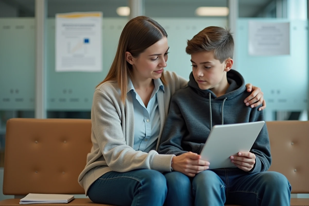Femme aidant un adolescent dans un bureau administratif