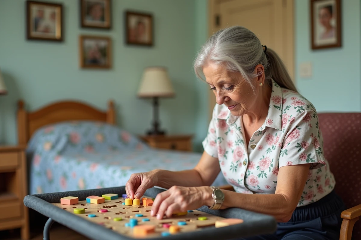 Femme âgée atteinte de démence réalisant une activité cognitive adaptée dans sa chambre en EHPAD pour préserver son autonomie