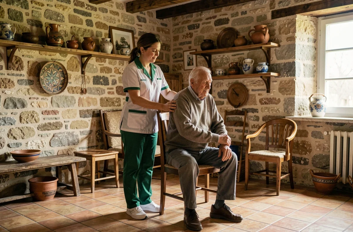 Une intervenante ADMR Haute-Vienne accompagne un senior dans des exercices de mobilité dans son domicile rural