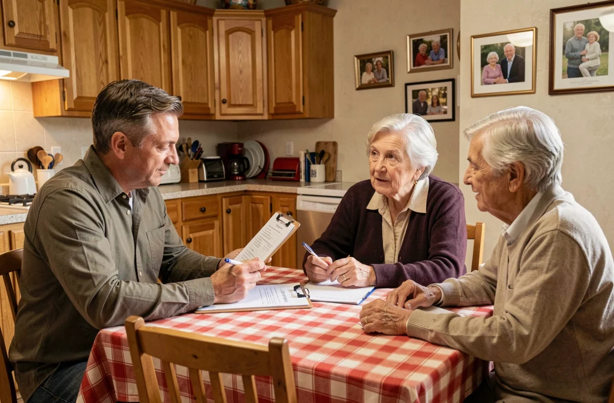 Un coordinateur Agemad 87 présente un plan d'aide personnalisé à un couple de seniors dans leur cuisine à Limoges