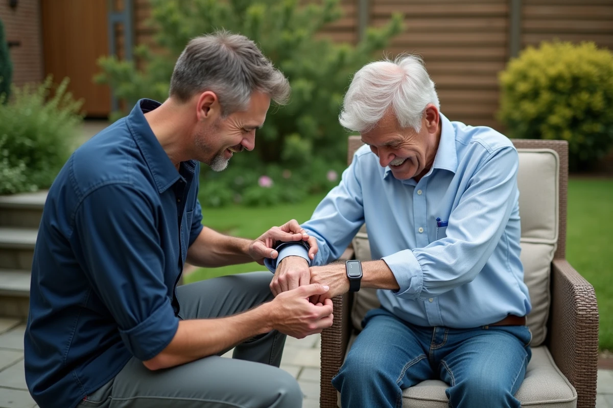 Un homme aidant son père âgé à porter un bracelet GPS de géolocalisation dans un jardin
