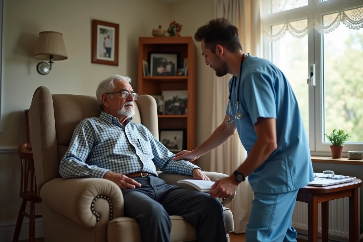 Un aidant professionnel accompagnant un senior lors d'une évaluation GIR à domicile dans un salon chaleureux