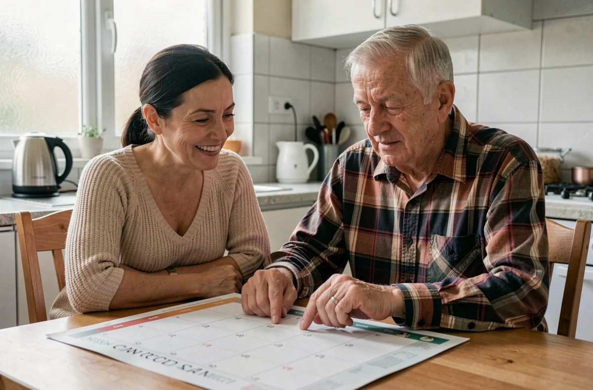 Fille aidant son père âgé à se repérer dans un calendrier journalier dans une cuisine familiale