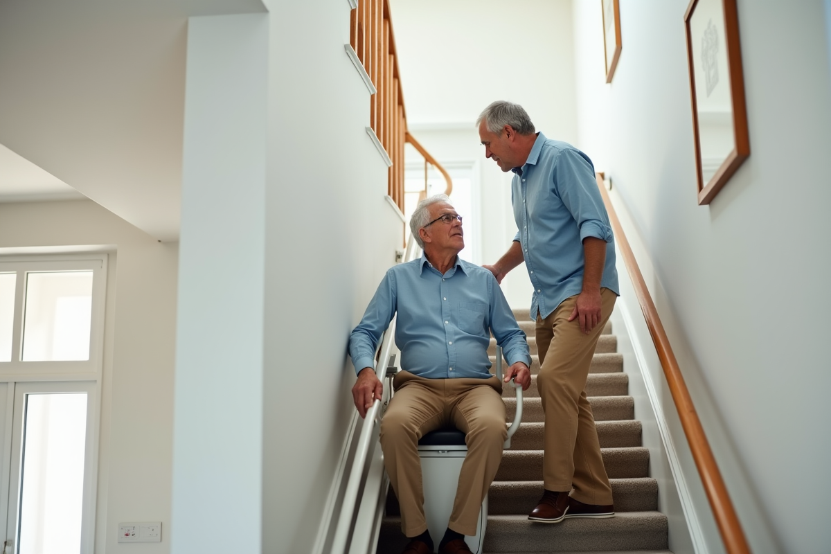 Homme aidant son pere sur un monte-escalier moderne