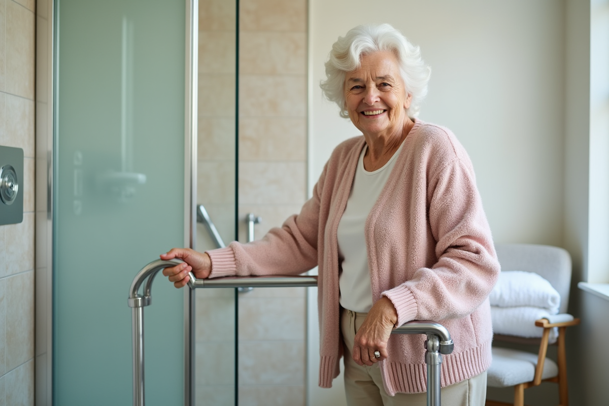 Femme âgée avec barre d'appui dans la salle de bain
