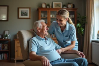 Aide-soignante aidant un senior dans un salon chaleureux