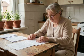 Aide-soignante retraitée examinant ses documents de retraite à la table de cuisine
