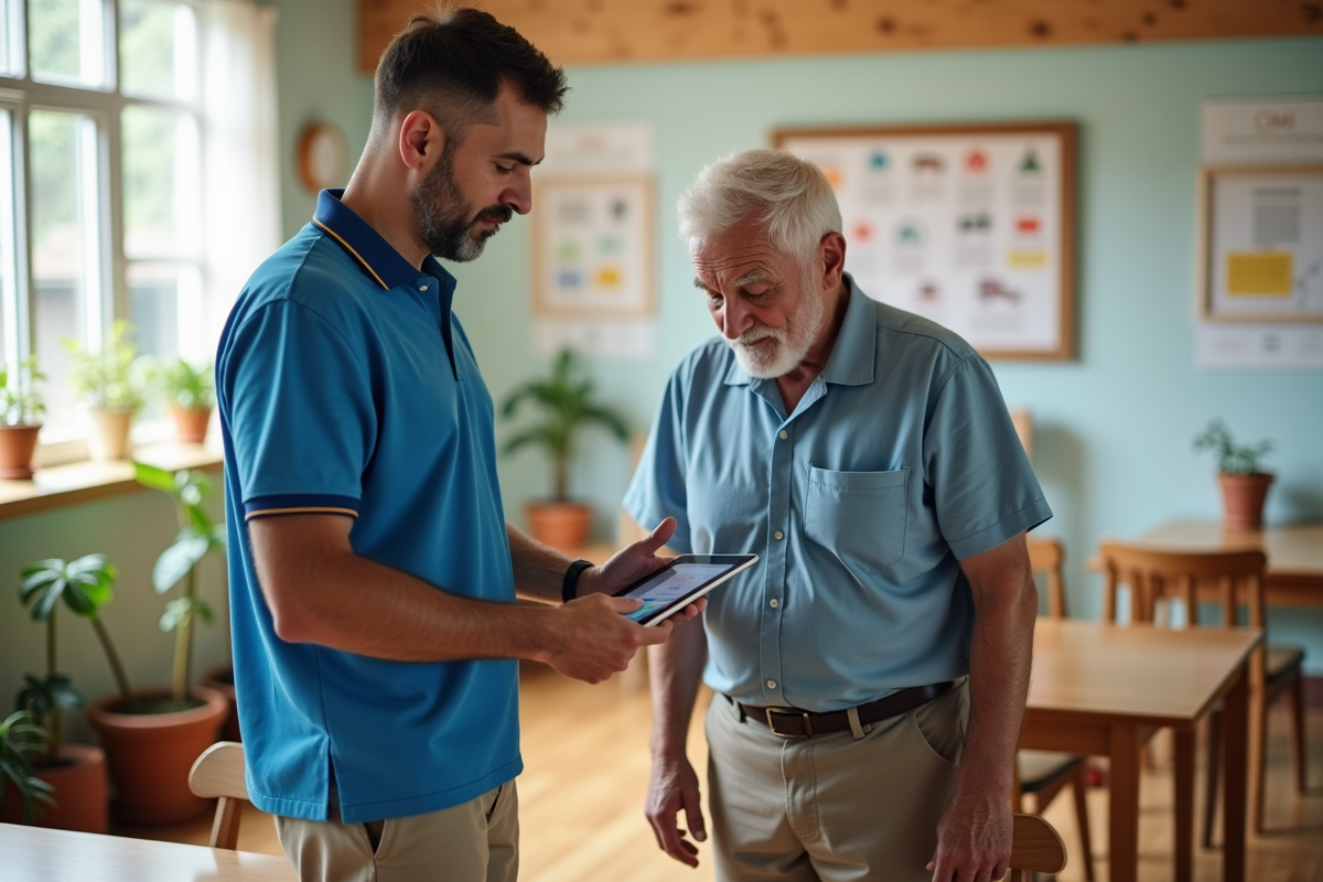 Intervenant montre teleassistance a un senior attentif