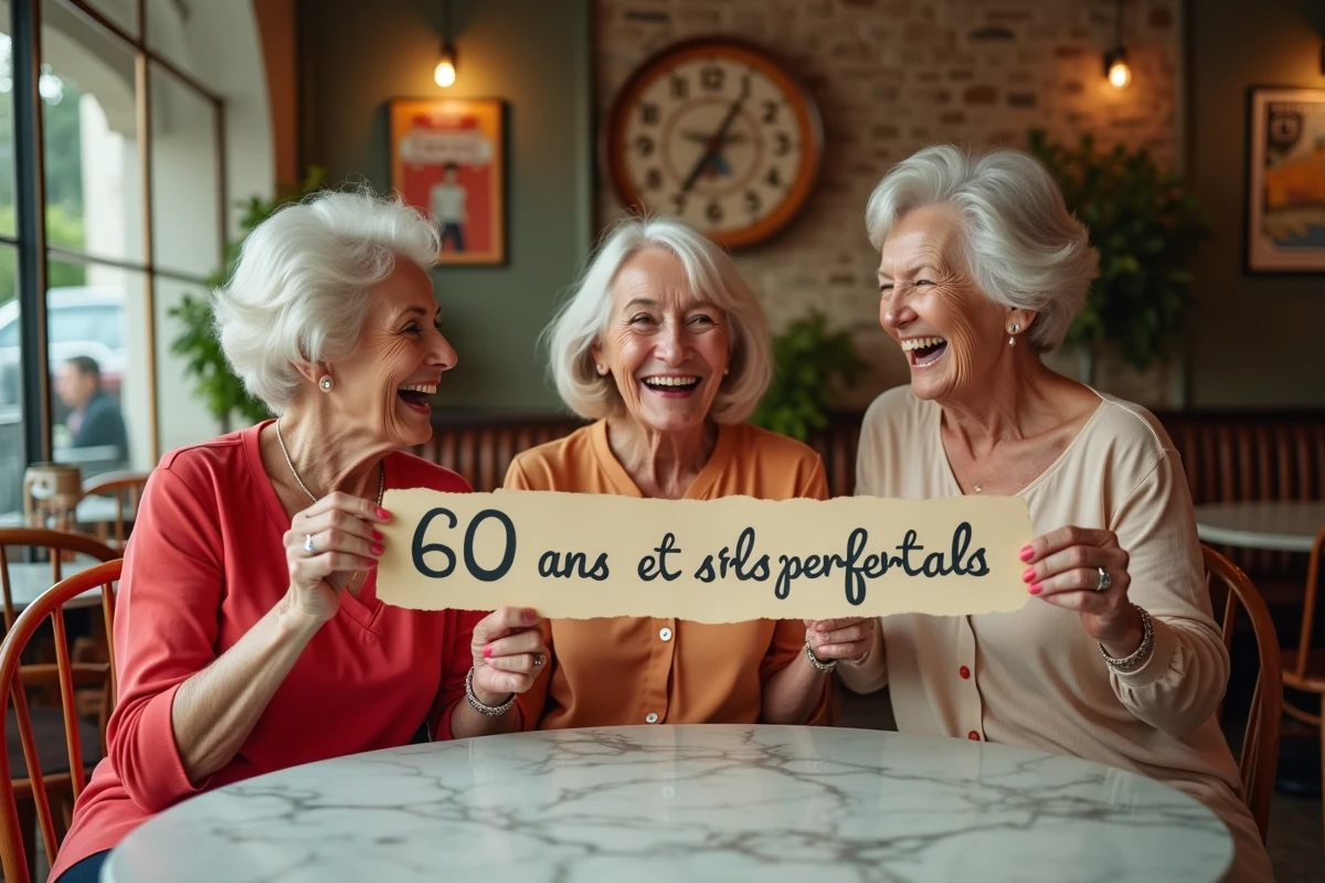 Groupe d'amies fêtant les 60 ans avec humour dans un café français vintage