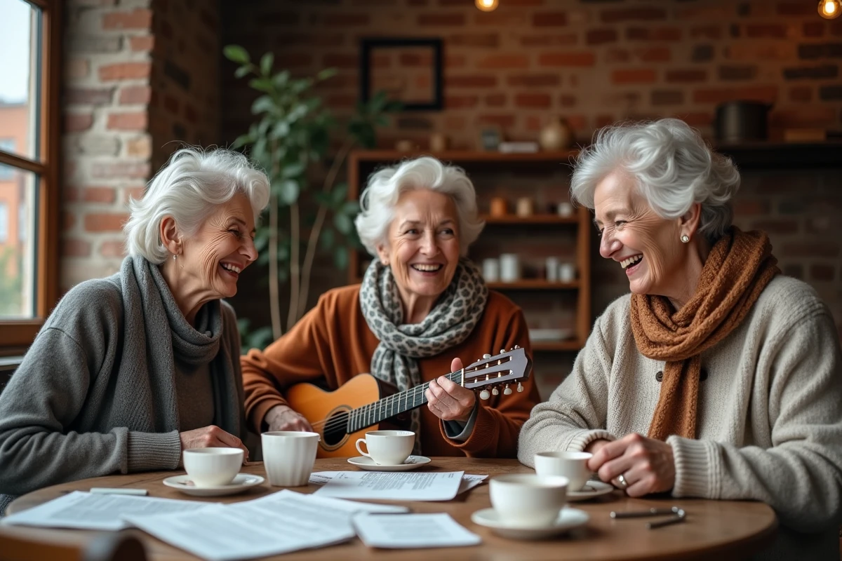 Groupe d'amies à la retraite partageant des chansons autour d'une table de café, moment de complicité féminine