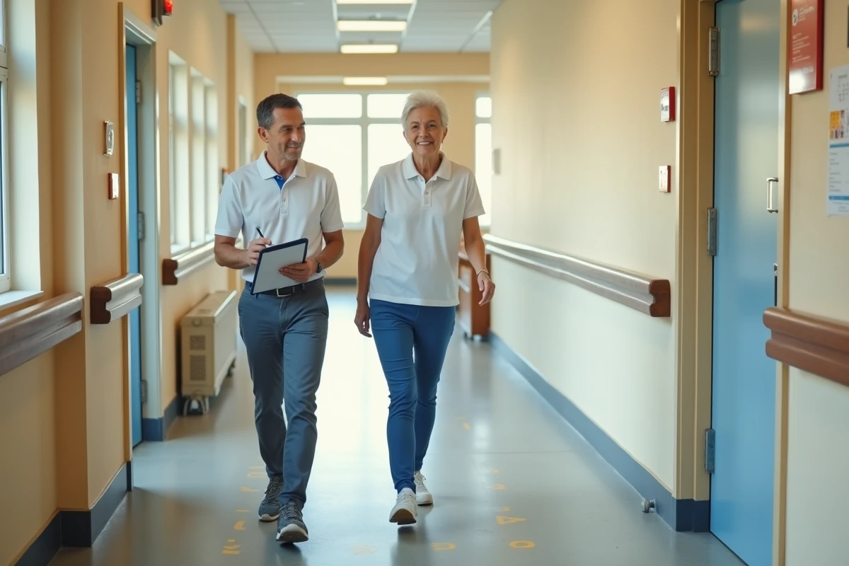 Analyse de la marche d'une patiente âgée supervisée par un thérapeute lors d'un test de Tinetti