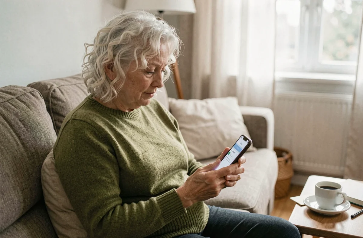 Femme senior consultant une application de gestion de tutelle sur son smartphone dans son salon