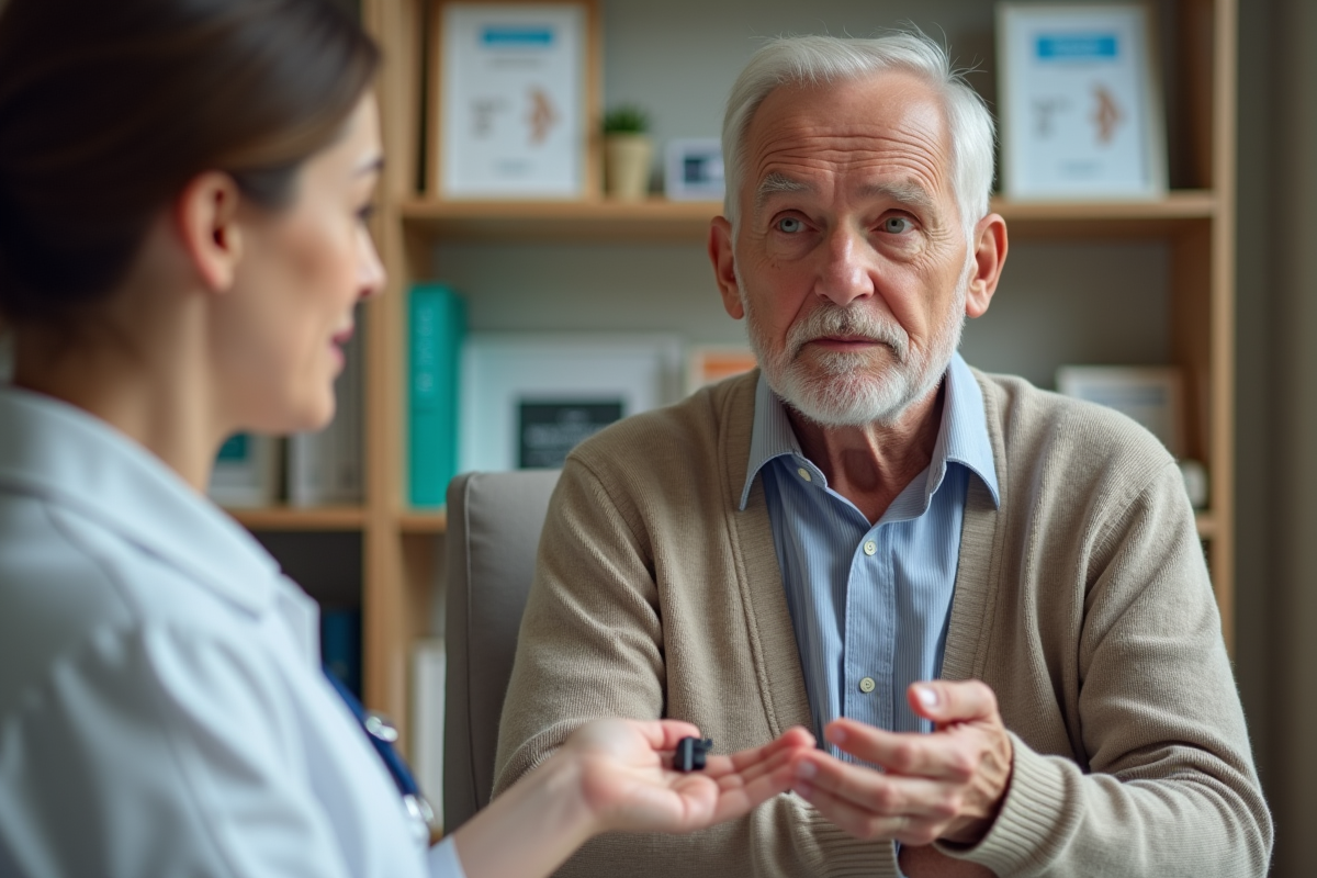 Audiologue aidant un senior avec un appareil auditif