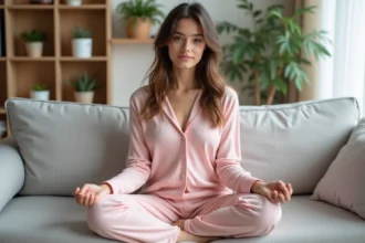Femme adulte portant un babygro pastel avec fermetures pressions, assise sur un canapé en lin dans un intérieur scandinave