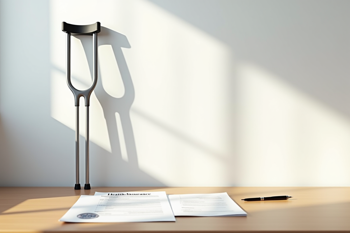 Béquilles appuyées contre un mur avec documents de santé sur un bureau lumineux