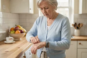 Senior femme âgée regardant son bracelet anti-chute avec hésitation dans une cuisine, illustration des erreurs d'utilisation du dispositif