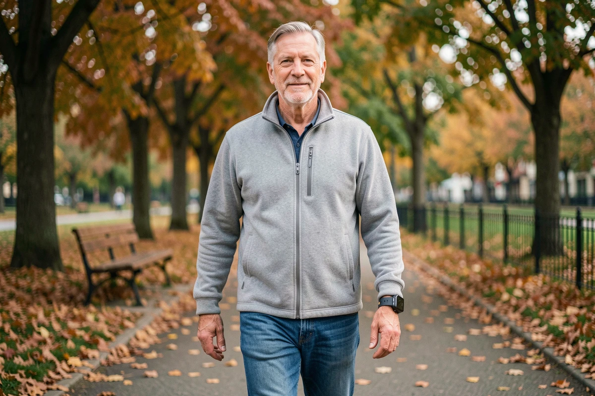 Homme senior portant un bracelet GPS anti-chute lors d'une promenade autonome dans un parc en automne