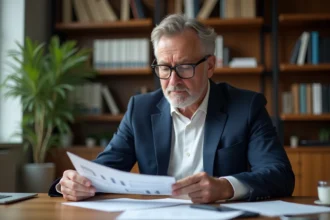 Cadre retraité d'une soixantaine d'années consultant ses documents de retraite dans un bureau moderne à domicile