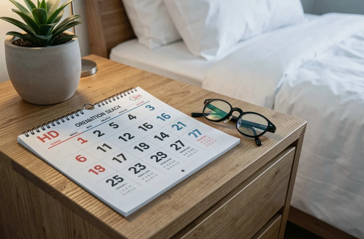 Gros plan d'un calendrier grand format pour seniors posé sur une table de chevet avec lunettes et plante verte