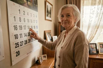 Femme âgée pointant une date sur un grand calendrier mural à gros caractères dans un salon chaleureux