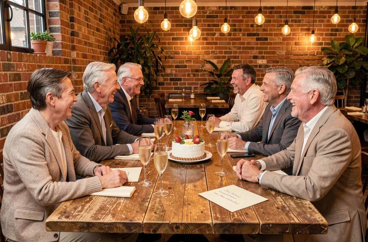 Groupe de collègues célébrant un départ en retraite autour d'une table festive avec discours et champagne