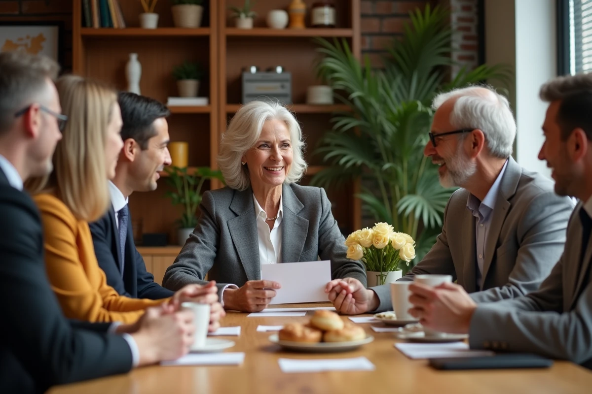 Groupe de collègues offrant une carte et bouquet à une femme