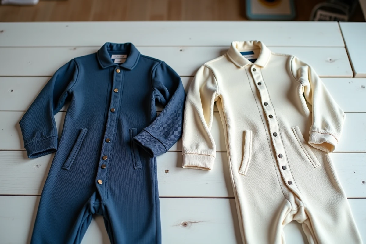 Comparaison de deux babygros adultes dépliés sur une table en bois blanc montrant les détails de fermetures, tissus et coutures