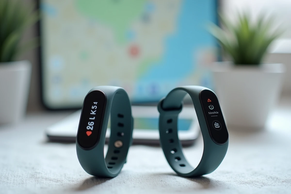 Comparaison de deux bracelets GPS Alzheimer avec et sans abonnement posés sur une surface en lin
