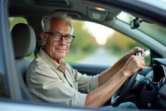 Conducteur senior âgé d'une soixantaine d'années au volant d'une voiture moderne, illustrant le débat sur le macaron S obligatoire pour les seniors en 2026