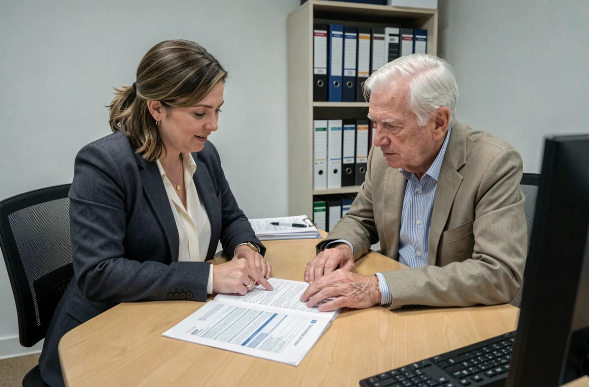 Une conseillère en services sociaux accompagne un homme âgé dans la constitution de son dossier de demande APA