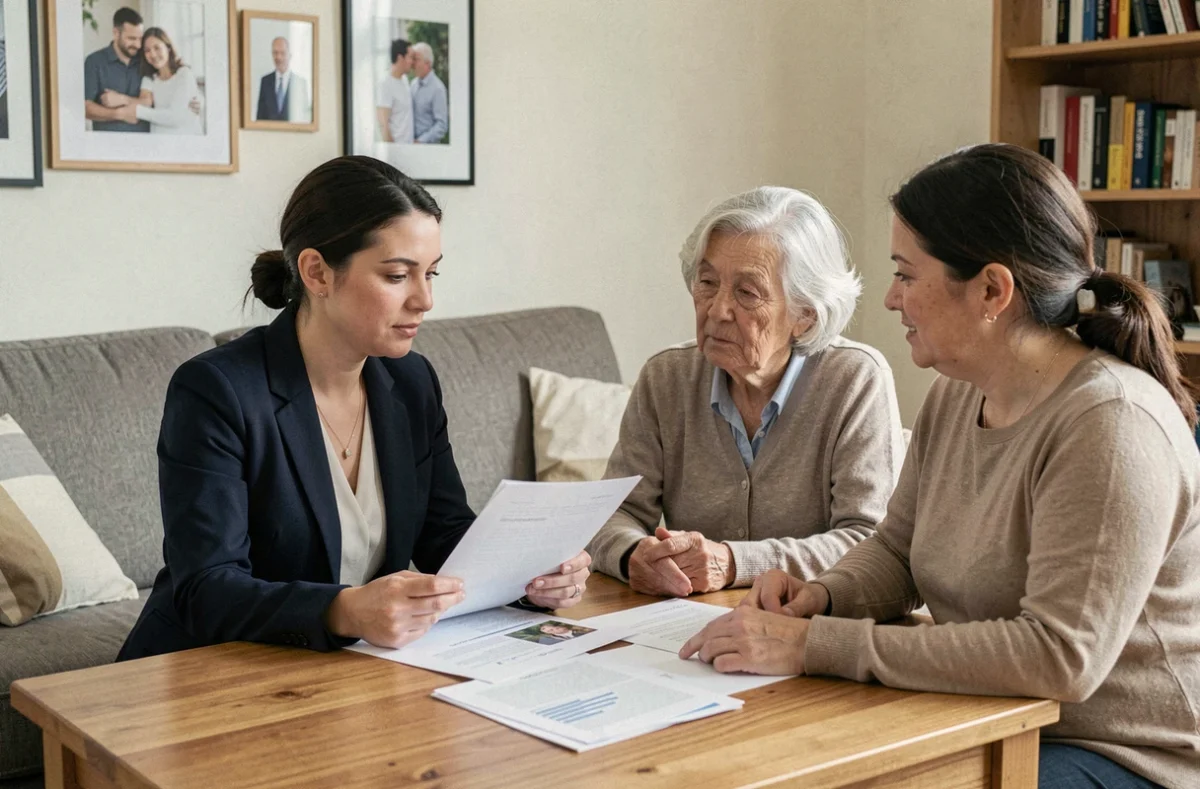 Assistante sociale présentant une liste de familles d'accueil Alzheimer à une famille lors d'une visite à domicile