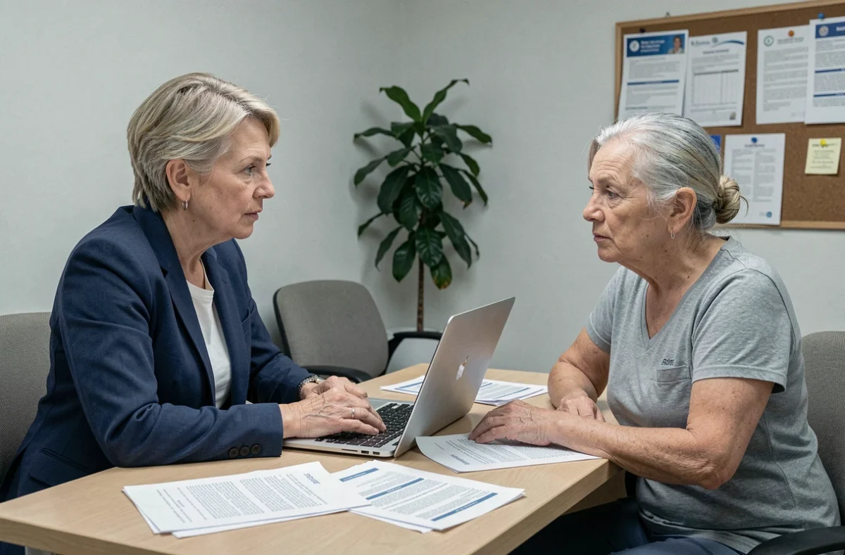 Conseillère retraite et aide-soignante retraitée discutant du calcul de pension en bureau