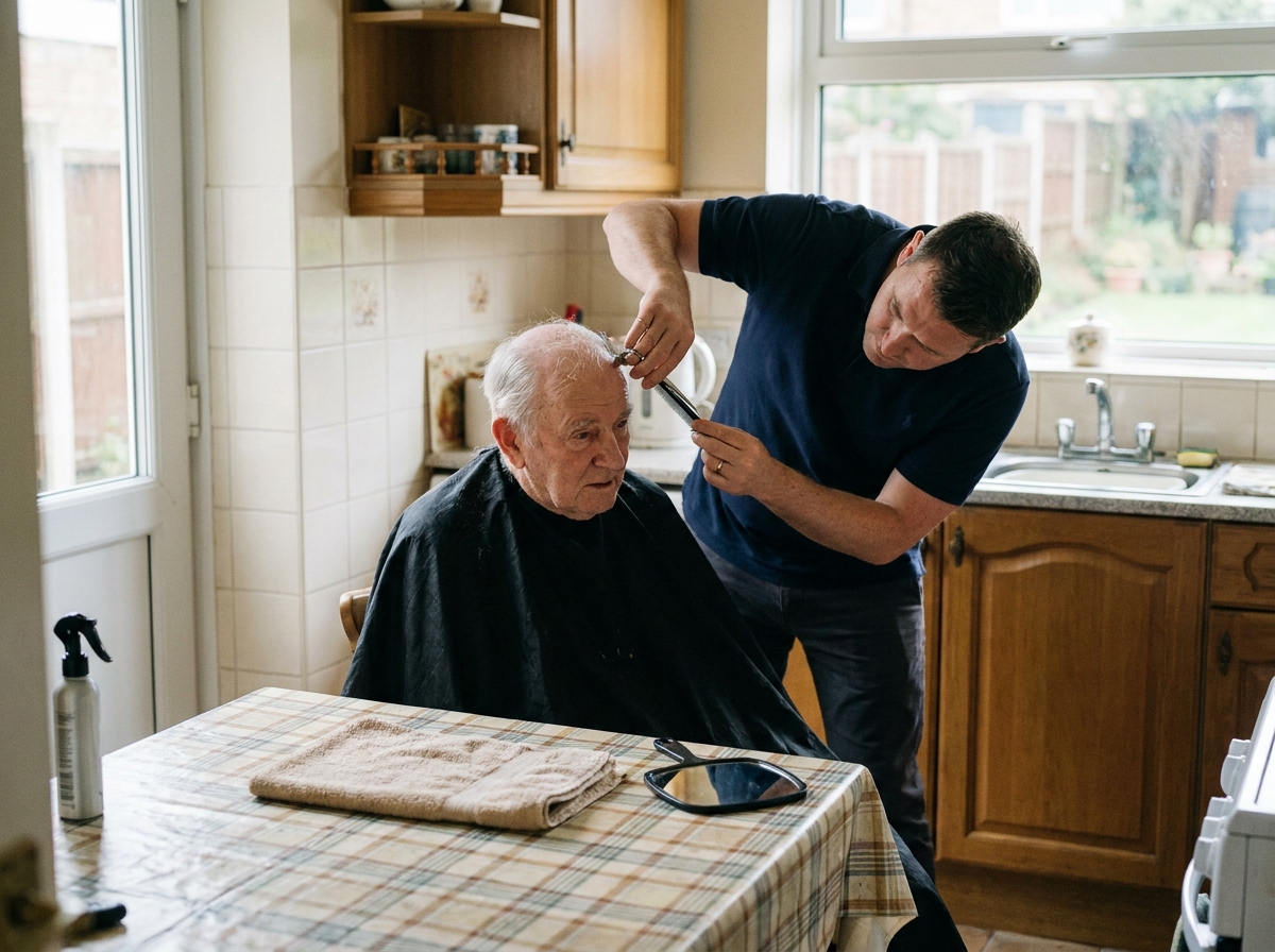 Coiffeur à domicile coupant les cheveux d'un homme âgé assis dans sa cuisine