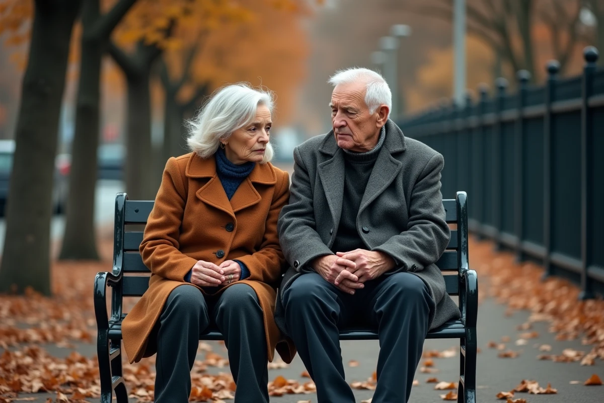 Couple de personnes âgées sur un banc de parc, expression de tension et d'isolement évoquant la maltraitance