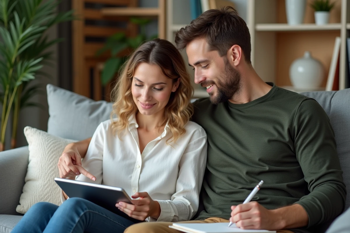 Couple planifiant leur budget mensuel ensemble avec l'application Mon Proxima sur tablette dans leur salon