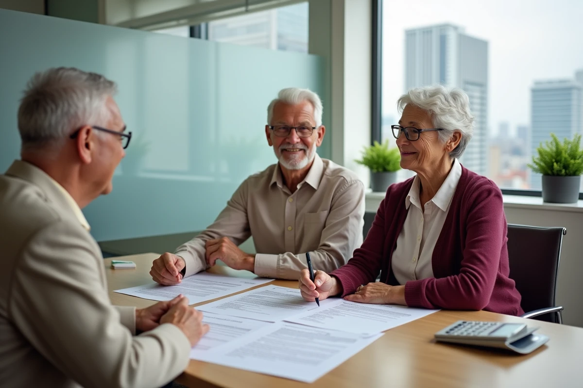 Couple de cadres à la retraite discutant de leur pension avec un conseiller financier dans un bureau professionnel