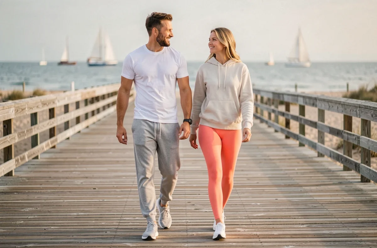 Couple marchant ensemble sur un bord de mer en tenue de sport, illustrant la marche comme activité minceur