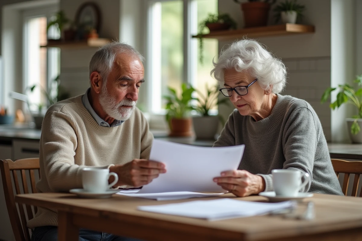 Couple retraité français discutant de leurs papiers de pension