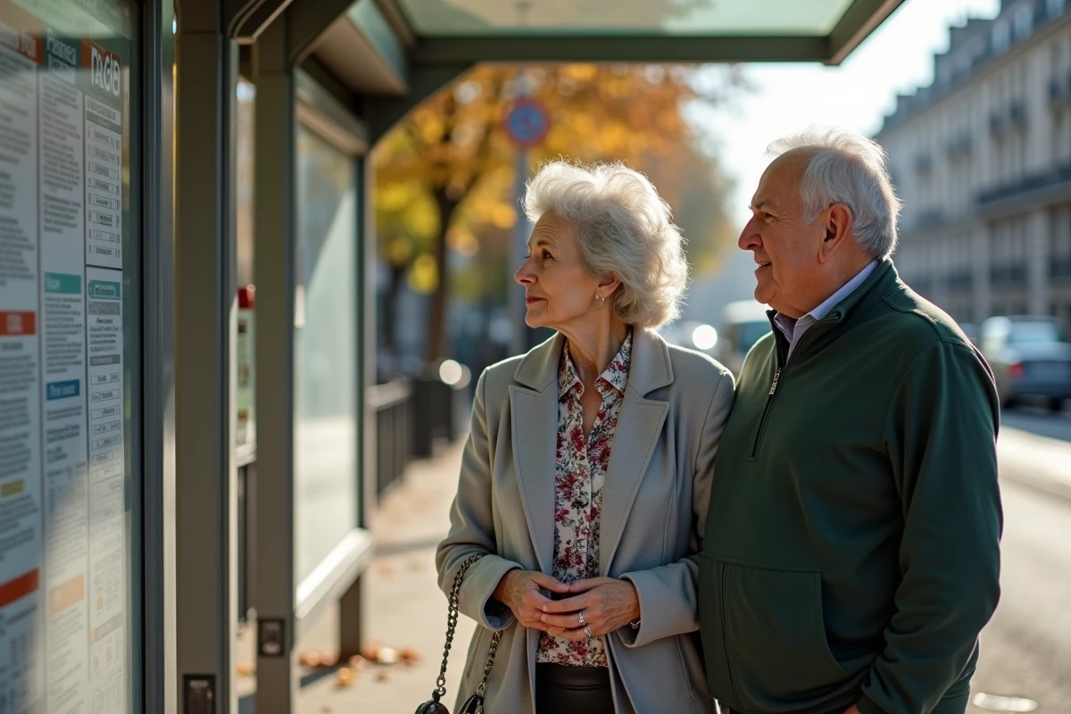 Couple de retraités consultant les horaires à un arrêt de bus RATP en automne à Paris