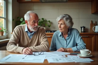 Couple de retraités examinant des documents fiscaux sur leur réforme de retraite 2026 à la table de cuisine