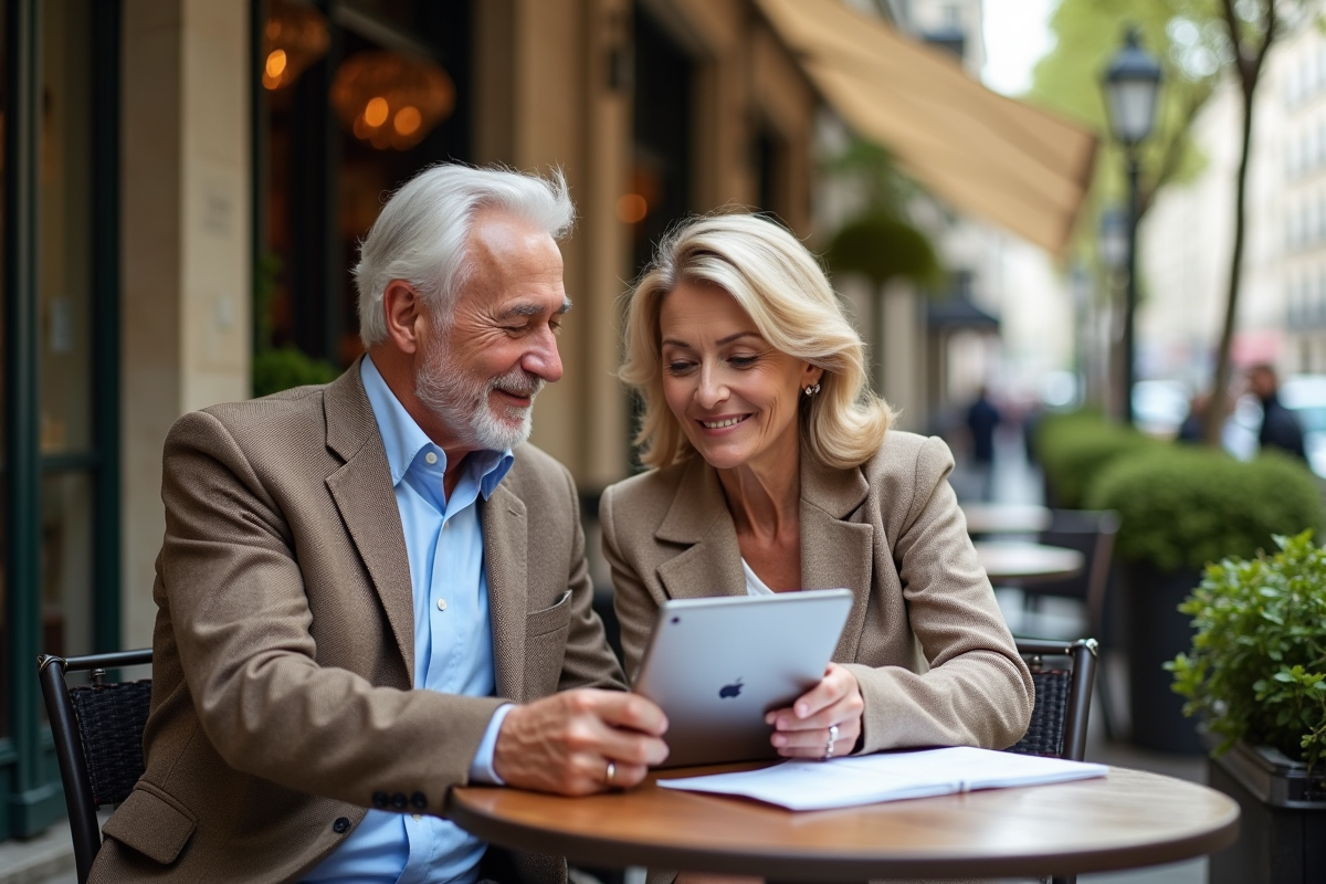 Couple retraité français souriant au café parisien