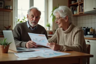 Couple de retraités consultant des documents sur la revalorisation des pensions Agirc Arrco en 2026 à leur domicile