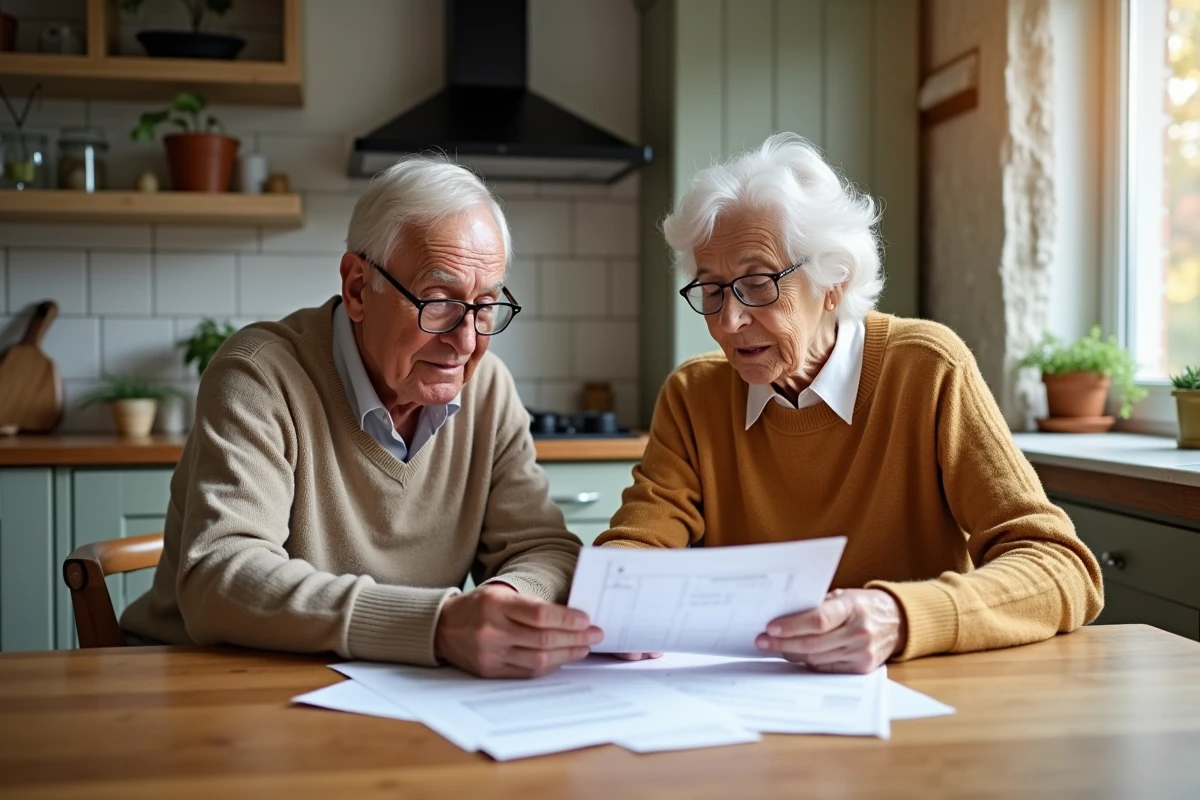 Couple senior examine documents fiscaux à la maison