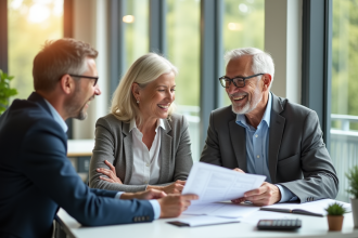 Couple senior souriant discutant finances avec conseiller