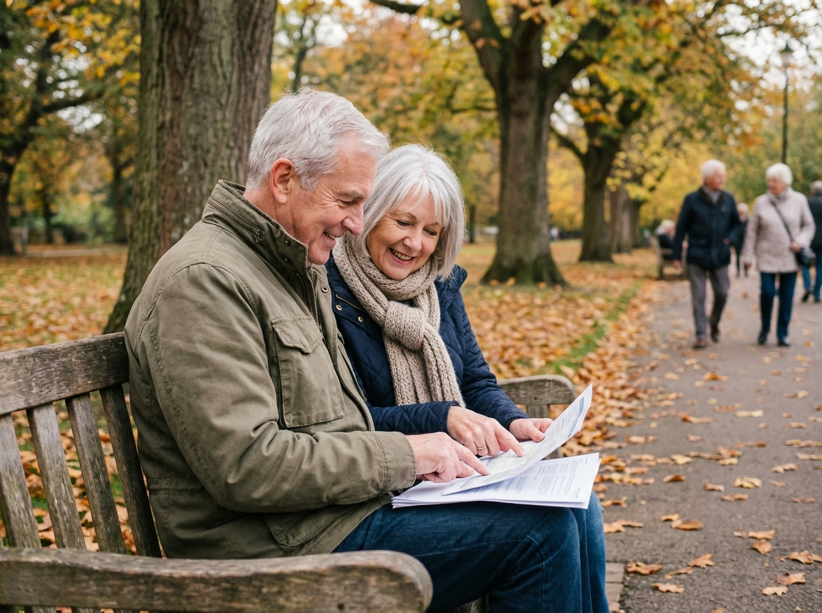 Couple senior discutant et lisant des papiers dans un parc