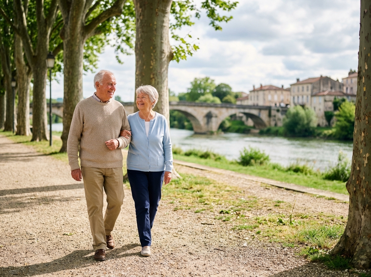 Couple âgé marchant dans un parc près d'Agen